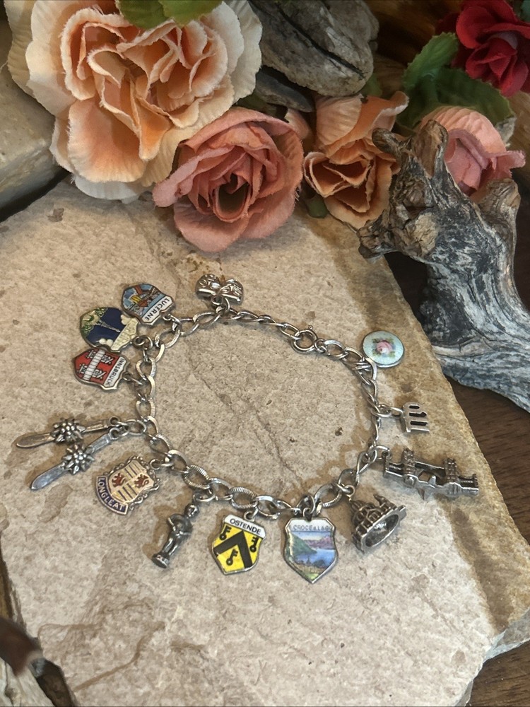 57. Vintage Silver 950 925 800 Mix 13 Dangle Charm Bracelet 7″, 22.8g
