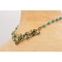 Vintage Floral Aqua Turquoise Beaded Collar Choker Necklace Gold Tone 60s Bin3D