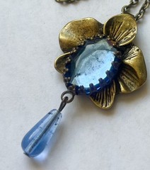 Vintage Necklace Art Nouveau Orchid Pendant Blue Rhinestone Czech Glass Drop