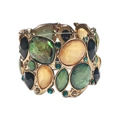 VTG Shades of Green & Yellow Shimmering Faux Opal Stretch Cuff Bracelet 6.5″