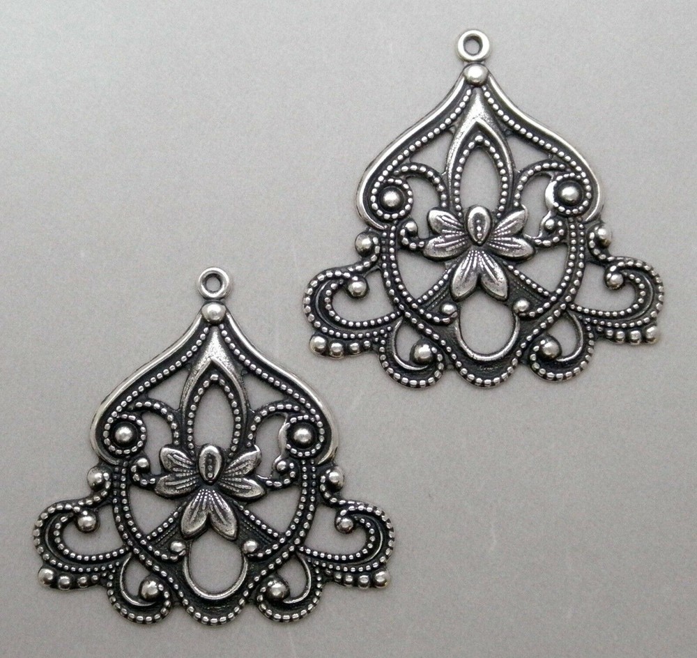 #0161 LARGE ANTIQUED STERLING SILVER PLATED FILIGREE W/TOP HANG RING – 2 Pc Lot