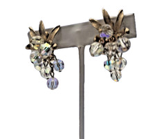 Vintage Gold-Tone Leaf Earrings Aurora Borealis Crystal Grape Cluster