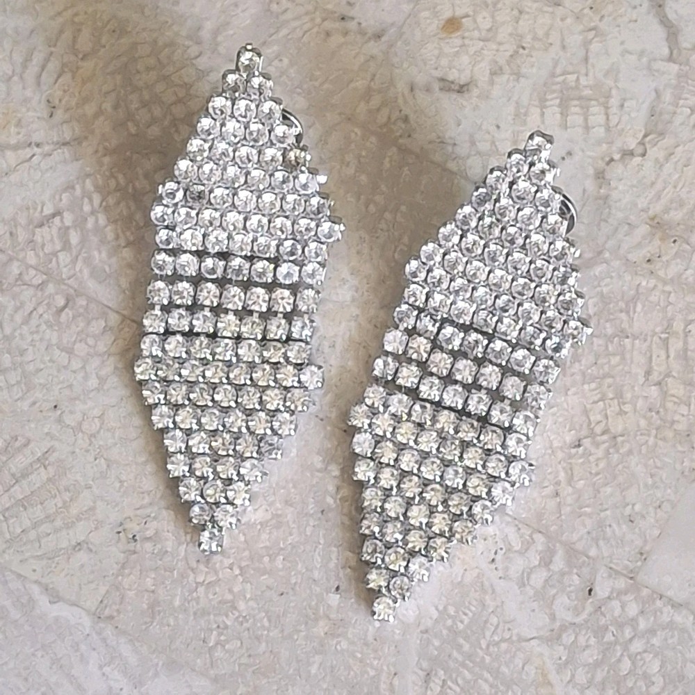 Vintage Rhinestone Earrings Clips Clear Sparkley Hinged Huge Silver Tone Fashion