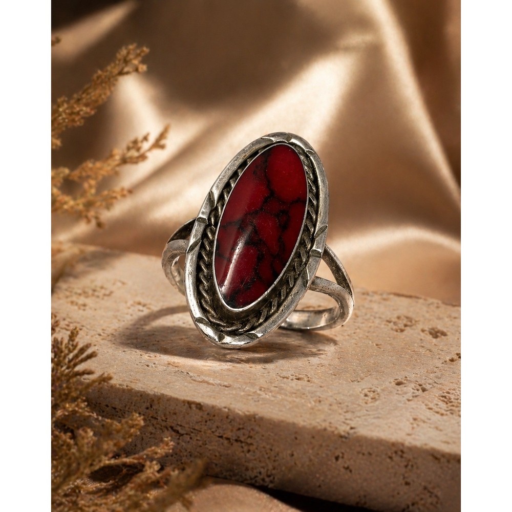 VTG Sterling Silver Mexico Red Howlite Cabochon Statement Ring Size 5.5