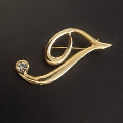 Vintage Brooch Letter I/J Name Initial Pin Gold Tone Rhinestone VTG Gift Retro