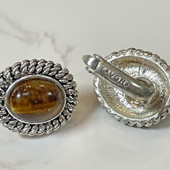 Vintage Avon Oval Silver Tone Setting & Tiger’s Eye Cabochons Clip on Earrings