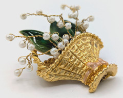 Vintage Lily of the Valley Flower Basket Brooch Faux Pearl Gold Tone Enamel Pin