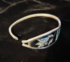 Vintage Hippie 70s Alpaca Mexico Silver Hinged Bracelet Abalone Turquoise Enamel