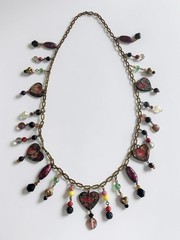 Vintage Artisan Charm Necklace Floral Hearts Crystal Beads Boho 30-32.5”