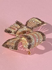 Rose Gold tone, BOW BROOCH PIN, Bezel Baguette Smoke Topaz Rhinestone & Crystals