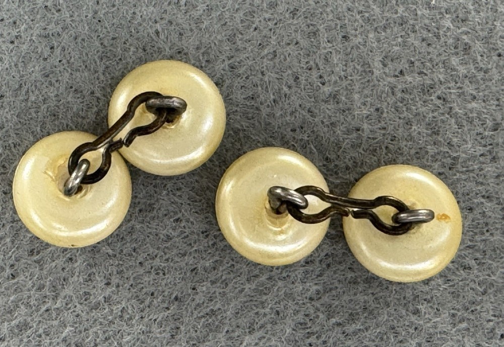 Antique Art Deco Celluloid Chain Link Cufflinks Ivory Pearl Button Style 1920s