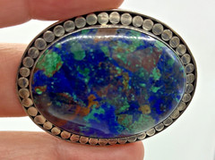Vintage Brooch Sterling Silver Azurite Malachite Oval Blue Green Gemstone