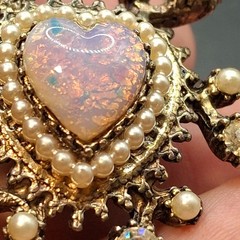 Vintage Gold Tone Opalite Heart Brooch Pin Rhinestone Accents Faux Opal