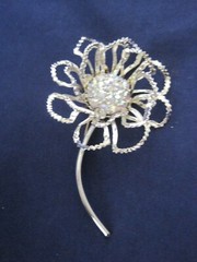 Flower Pin Silver Tone Aurora Borealis Rhinestones Stamped Name on Back