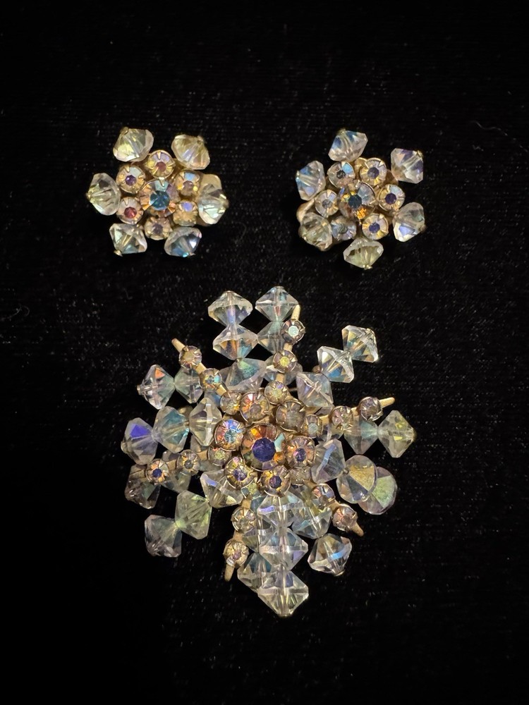 Vintage Snowflake Brooch And Earring Set, Aurora Borealis Rhinestones And Beads