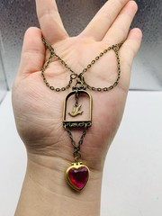 Vintage Boho Quirky Love Bird Dove Pink Photo Heart Locket Statement Necklace