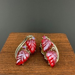 Vintage Rhinestone Flower Earrings Magenta Pink AB Crystal Leaf Climber Signed