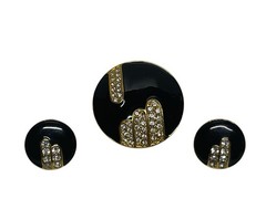 Vintage MONET Black Enamel Rhinestones Goldtone MCM Brooch And Earrings Set