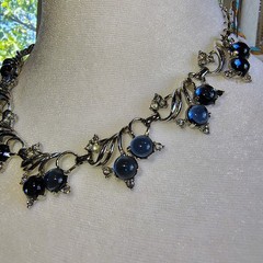 Vintage Blueberry Tutti Fruitti Cabochon & Clear Rhinetone Necklace Silver Toned
