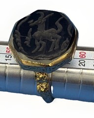 Antique Style Intaglio Ring – Gold Tone Band with Carved Black Stone
