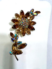 Vintage Sherman signed cinnamon/AB Blue Irradiated Figural Flower Brooch. MINT!