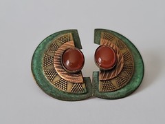 Vintage Mexico Style Carnelian Cabochon Brass Copoer Post Earrings 1.25″t×.75″w