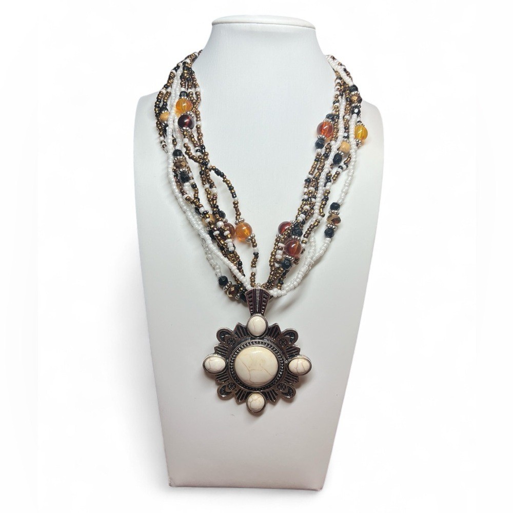 Vintage Layered Seed Bead Pendant Necklace 16″ Metal Glass