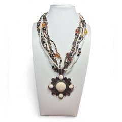 Vintage Layered Seed Bead Pendant Necklace 16″ Metal Glass
