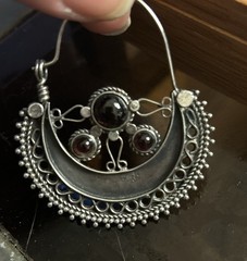 Vintage Morocco silver black onyx ornate tribal Dangle earrings 900