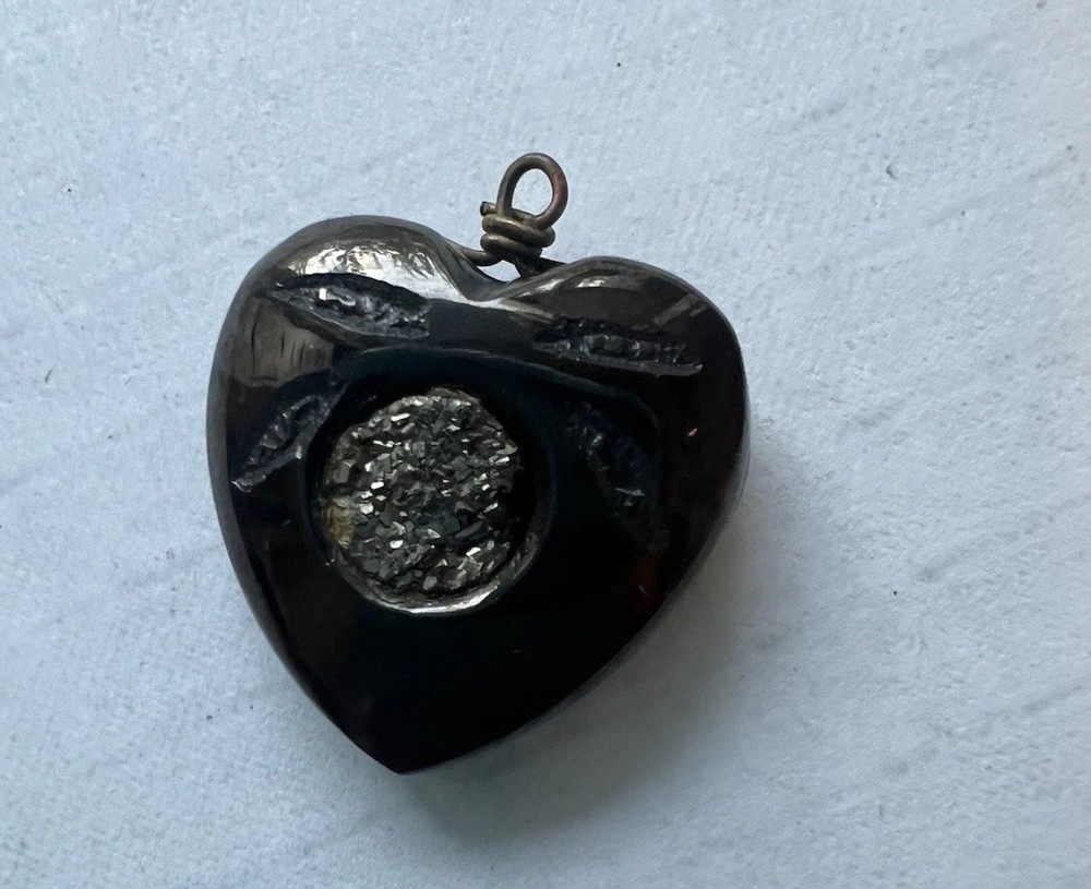 Antique Victorian Whitby Jet Inset Pyrite Puffy 3-D HEART Charm Pendant Fob H5