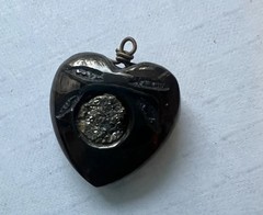 Antique Victorian Whitby Jet Inset Pyrite Puffy 3-D HEART Charm Pendant Fob H5