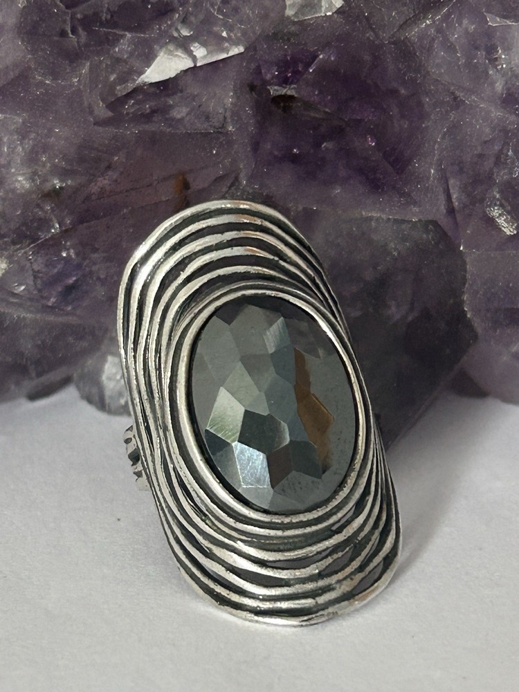 Vintage PZ or PAZ Hematite and .925 Modernist Textured Multi Band Ring size 8.75