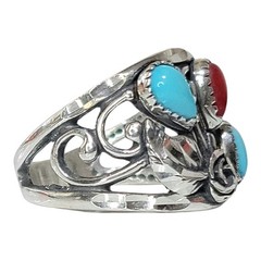 Wheeler MFG Sterling Silver Sleeping Turquoise Coral Diamond Cut Rose Leaf Ring