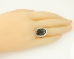 Vintage 925 Sterling Silver Man Made Jasper Composite Black and Gold Oval Ring 7