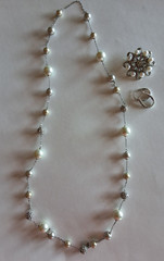 Heavy Faux Pearl Rhinestone Disco Ball Necklace, JCM Brass Earrings, Brooch