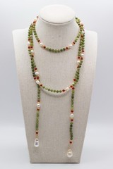 Green Aventurine & White Pearl Lariat Necklace Gold Baroque Pearl Kundan Sautoir