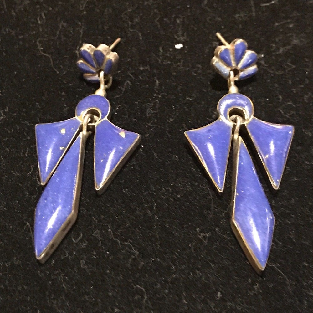 VINTAGE STERLING LAPIS COLOR ENAMEL DROP DANGLE EARRINGS