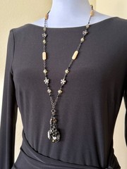 Vintage David Aubrey Necklace Cameo Crystal Rhinestone 30” Long + 2 1/4” Drop
