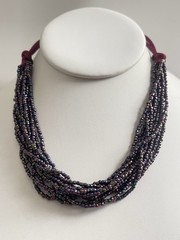 Vintage Multi-Strand Purple Peacock Seed Bead Choker Necklace Matching Earrings