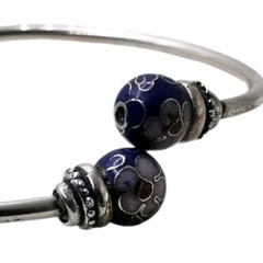 925 Silver Blue Cloisonne Floral Enamel Bead Bangle 1950s-1970s 7.1g