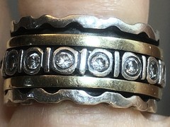 b49. Vintage Sterling Silver Brass CZ Crystal Spinner Band Ring Size 6.75. 15.5g