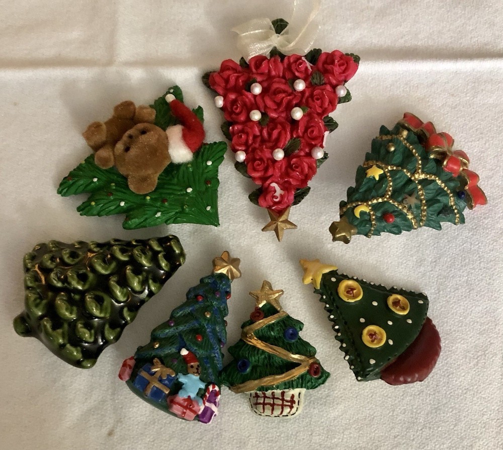 Vintage Christmas Tree Pin Brooch Lot 7 Holiday Festive Trees 3D