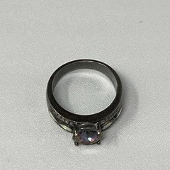 Mystic Topaz Band Ring Black Metal Wide Rainbow Purple Green Stone Fire Opal 7