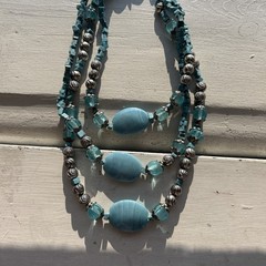 Vintage Blue Statement Beaded Necklace Multi Strand Southwestern Boho 34”