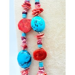 Turquoise & Sponge Coral Necklace, Double Strand, 925 Clasp, 1990s–2000s