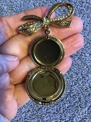 Vtg LOCKET Brooch JEWELED bow PHOTO HOLDER Etched Dangle Lot C