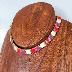 Vtg 80s Enamel Square Tile Choker Necklace Gold Tone Magenta Purple Cream Retro