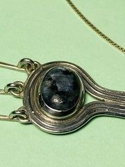 Vtg N/A? Tribal Obsidian Cab Dangle Paddle Pendant Sterling Silver Necklace-16″
