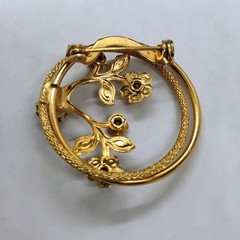 VTG Root Beer Brown Rhinestone Fall Floral Circle Pin Brooch Gold Tone 1 1/4″