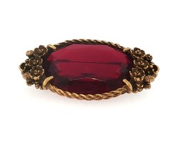 Vintage Gold Tone Brooch — Red Cabochon & Floral Scrollwork